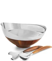 Nambe Pulse Stainless Steel and Wood Salad Bowl with Servers