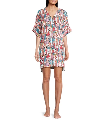 Natori Allover Printed Short Sleeve V-Neck Woven Challis Nightshirt