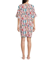 Natori Allover Printed Short Sleeve V-Neck Woven Challis Nightshirt