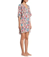 Natori Allover Printed Short Sleeve V-Neck Woven Challis Nightshirt