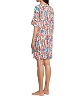 Natori Allover Printed Short Sleeve V-Neck Woven Challis Nightshirt