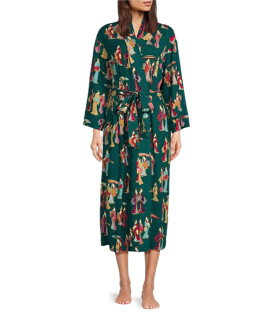 Natori Geisha Printed Cozy Knit Long Sleeve Tie Waist Mid Wrap Robe