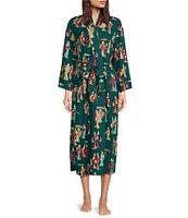 Natori Geisha Printed Cozy Knit Long Sleeve Tie Waist Mid Wrap Robe