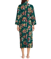 Natori Geisha Printed Cozy Knit Long Sleeve Tie Waist Mid Wrap Robe