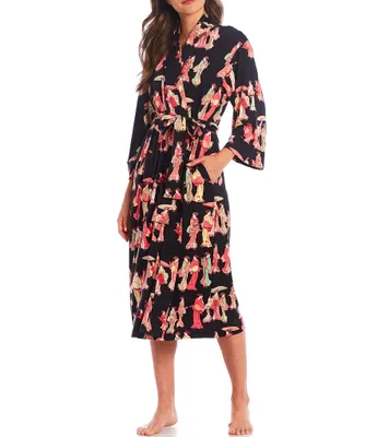 Natori Geisha Printed Cozy Knit Long Sleeve Tie Waist Mid Wrap Robe