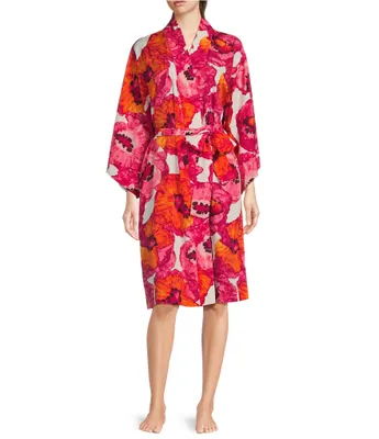 Natori Satin Floral Print Long Sleeve Shawl Collar Tie Front Short Poppy Print Robe