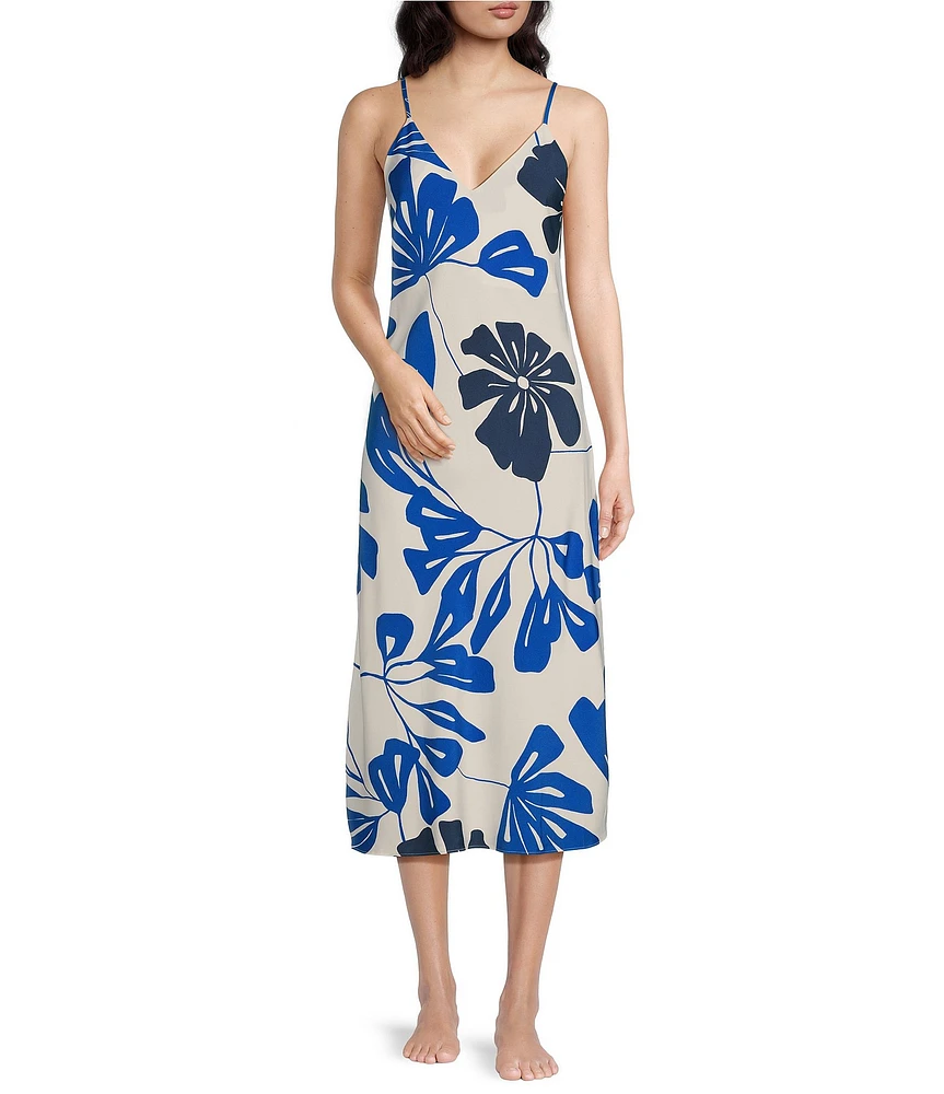 Natori Satin Palm Print Sleeveless V-Neck Coordinating Nightgown