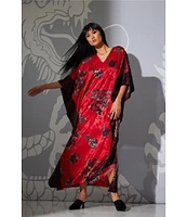 Natori Short Sleeve V-Neck Satin Dragon Print Caftan