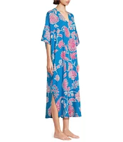 Natori Short Sleeve V-Neck Satin Floral Paisley Print Caftan