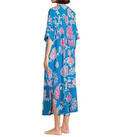 Natori Short Sleeve V-Neck Satin Floral Paisley Print Caftan