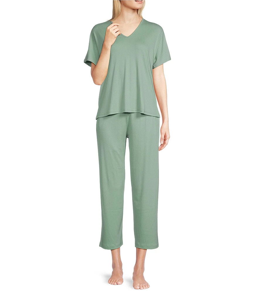 Natori Soothe Ribbed Knit Short Sleeve Round Neck Cropped Lounge Set
