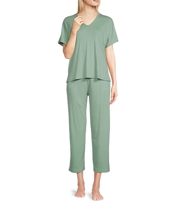 Natori Soothe Ribbed Knit Short Sleeve Round Neck Cropped Lounge Set