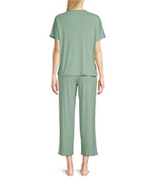 Natori Soothe Ribbed Knit Short Sleeve Round Neck Cropped Lounge Set