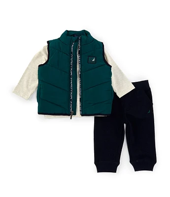 Nautica Baby Boys 12-24 Months Diamond-Quilted Puffer Vest, Long-Sleeve Logo Knit T-Shirt & Solid Fleece Jogger Pant Set