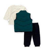 Nautica Baby Boys 12-24 Months Diamond-Quilted Puffer Vest, Long-Sleeve Logo Knit T-Shirt & Solid Fleece Jogger Pant Set