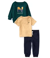 Nautica Baby Boys 12-24 Months Raglan Sleeve Logo-Detailed Sweatshirt, Solid Fleece Jogger Pants & Solid Jersey T-Shirt Set