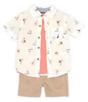 Nautica Baby Boys 12-24 Months Short Sleeve Printed Poplin Shirt, Short Sleeve Solid Knit T-Shirt & Solid Woven Shorts Set