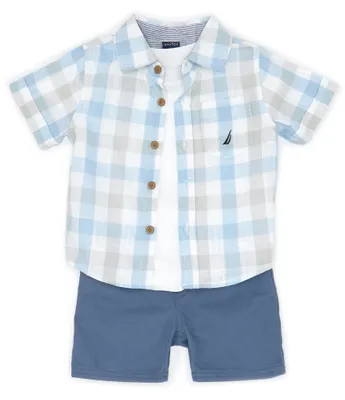 Nautica Baby Boys 12-24 Months Short Sleeve Yarn Dyed Plaid Woven Shirt, Short Sleeve Knit T-Shirt & Microsuede Twill Shorts Set
