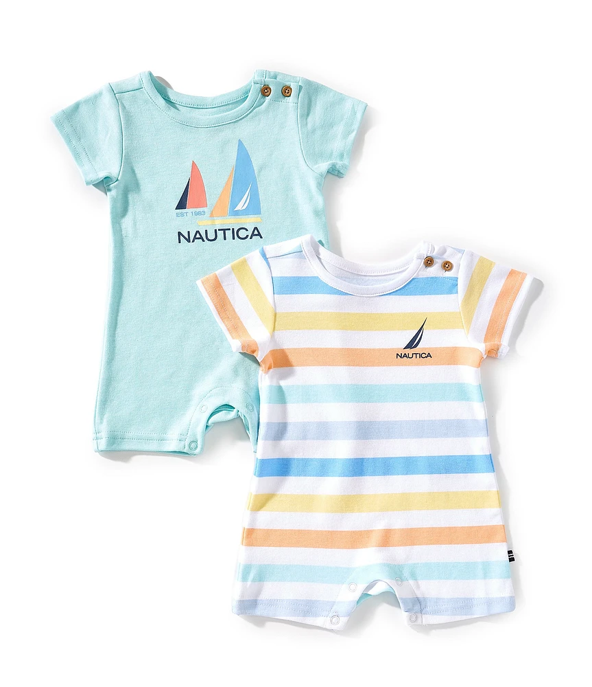 Nautica Baby Boys Newborn-18 Months Short-Sleeve Sailboat Motif Shortall & Short-Sleeve Striped Shortall 2-Pack