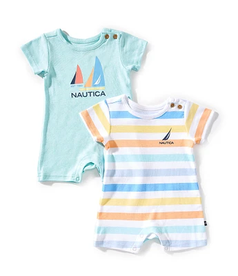 Nautica Baby Boys Newborn-18 Months Short-Sleeve Sailboat Motif Shortall & Short-Sleeve Striped Shortall 2-Pack