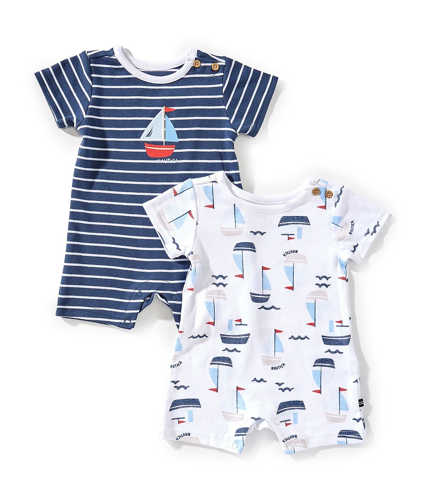 Nautica Baby Boys Newborn-24 Months Short-Sleeve Striped Shortall & Short-Sleeve Sailboat/Nautical-Printed Shortall 2-Pack