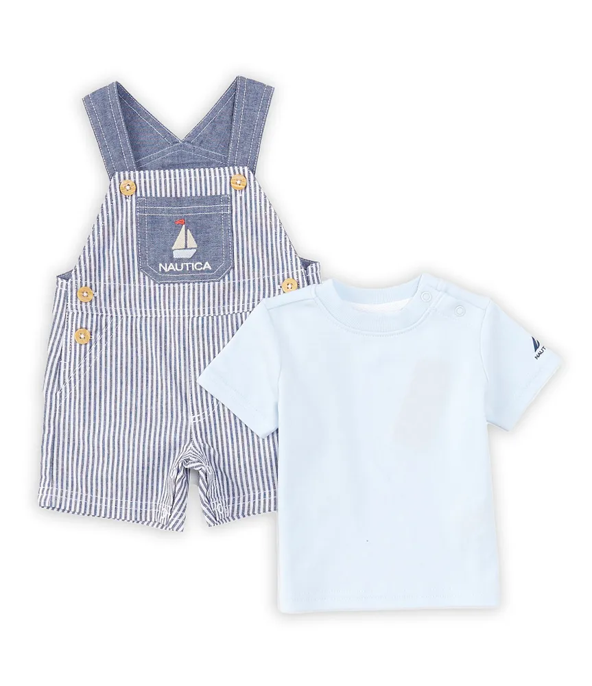 Nautica Baby Boys Newborn-6 Months Sleeveless Striped Woven Oxford Shortall & Short-Sleeve Solid Interlock T-Shirt Set