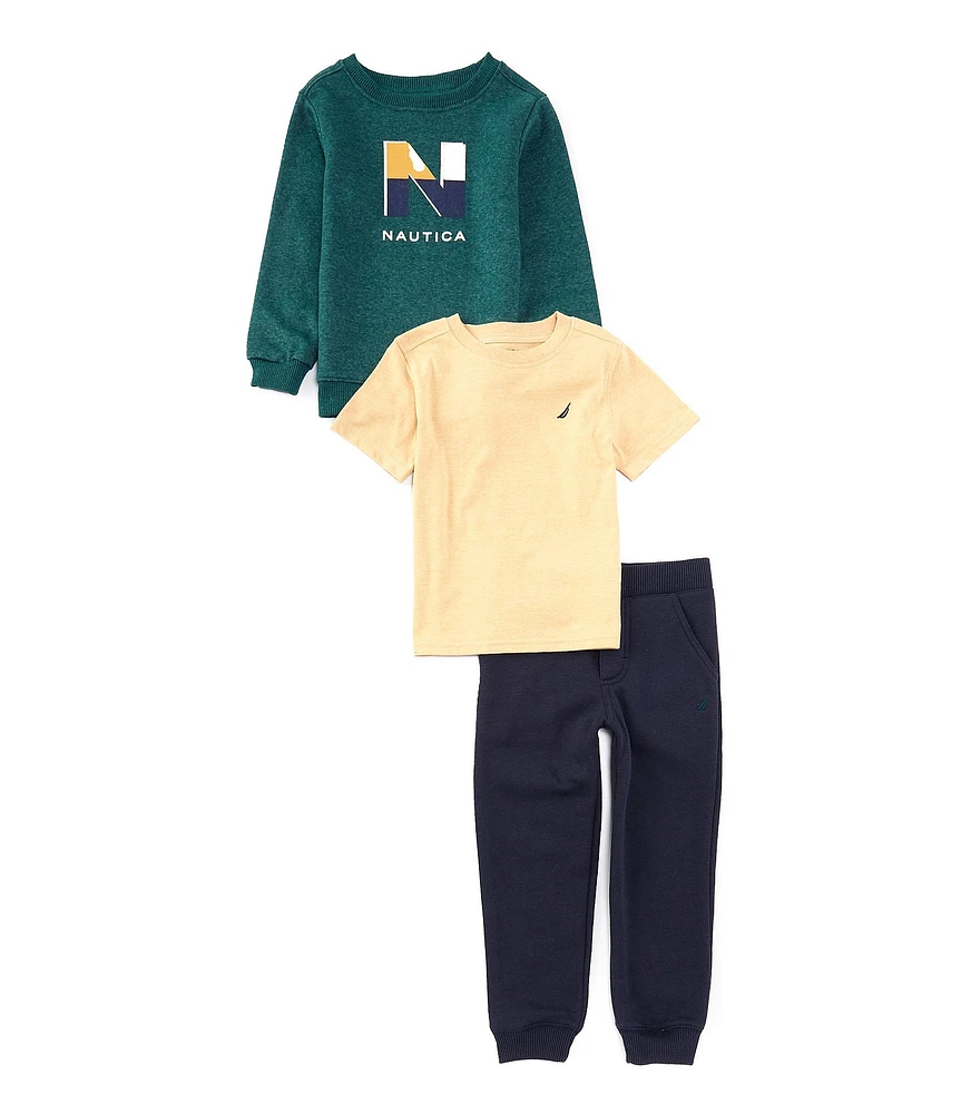 Nautica Little Boys 2T-7 Long-Sleeve Logo-Detailed Fleece Sweatshirt, Fleece Jogger Pants & Short-Sleeve Thermal T-Shirt Set