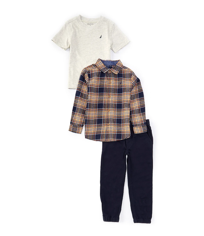 Nautica Little Boys 2T-7 Long Sleeve Plaid Twill Shirt & T-Shirt & Jogger 3-Piece Set