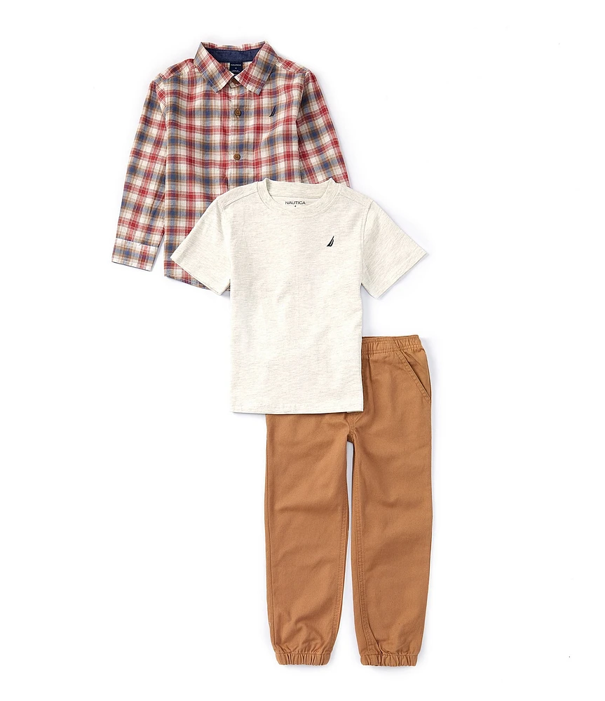 Nautica Little Boys 2T-7 Long-Sleeve Plaid Woven Shirt, Short Sleeve Jersey T-Shirt & Solid Twill Jogger Pant Set