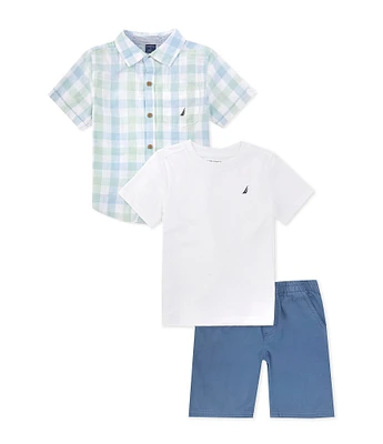 Nautica Little Boys 2T-7 Short Sleeve Plaid Woven Shirt, Solid Short Sleeve Jersey T-Shirt & Solid Woven Shorts Set