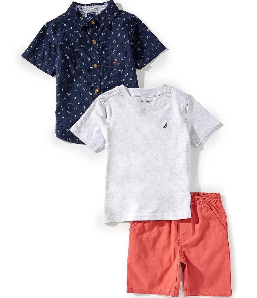 Nautica Little Boys 2T-7 Short-Sleeve Printed Shirt, Short-Sleeve Solid T-Shirt & Solid Shorts Set