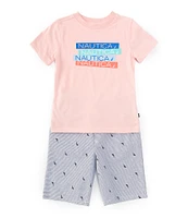 Nautica Little Boys 2T-7 Short Sleeve Repeating-Logo Jersey T-Shirt & Striped/Icon-Detailed-Patterned Woven Shorts Set