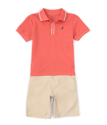 Nautica Little Boys 2T-7 Short Sleeve Tipped Pique Polo Shirt & Prewashed Twill Shorts