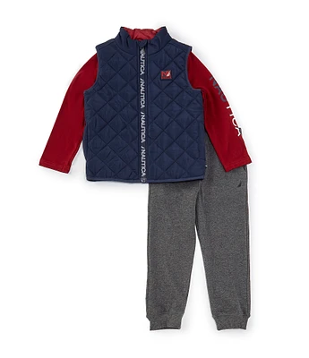 Nautica Little Boys 2T-7 Sleeveless Diamond-Quilted Puffer Vest, Long Sleeve Jersey T-Shirt & Solid Fleece Jogger Pant Set