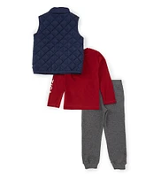 Nautica Little Boys 2T-7 Sleeveless Diamond-Quilted Puffer Vest, Long Sleeve Jersey T-Shirt & Solid Fleece Jogger Pant Set