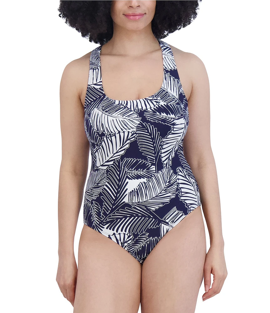 Nautica Printed Square Neck Strappy Back One Piece Swimsuit