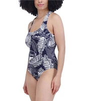 Nautica Printed Square Neck Strappy Back One Piece Swimsuit