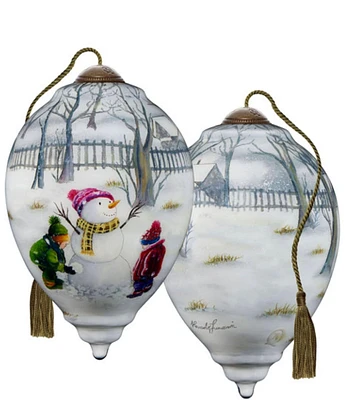 Ne' Qwa Art Children Building Snowman Hand-Painted Blown Glass Ornament