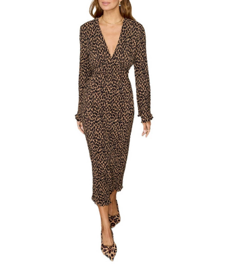 Never Fully Dressed Celeste Plisse Leopard V-Neck Long Sleeve Tie Waist Midi Dress