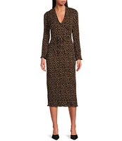 Never Fully Dressed Celeste Plisse Leopard V-Neck Long Sleeve Tie Waist Midi Dress