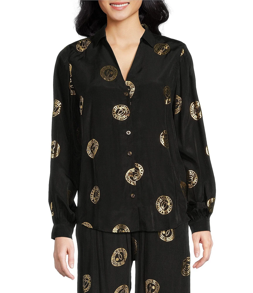 Never Fully Dressed Coordinating Miley Luxe Lightweight Plate Foil Print Collared V-Neck Long Sleeve Button Front Shirt