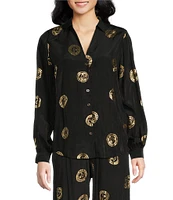 Never Fully Dressed Coordinating Miley Luxe Lightweight Plate Foil Print Collared V-Neck Long Sleeve Button Front Shirt