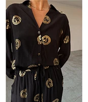 Never Fully Dressed Coordinating Miley Luxe Lightweight Plate Foil Print Collared V-Neck Long Sleeve Button Front Shirt