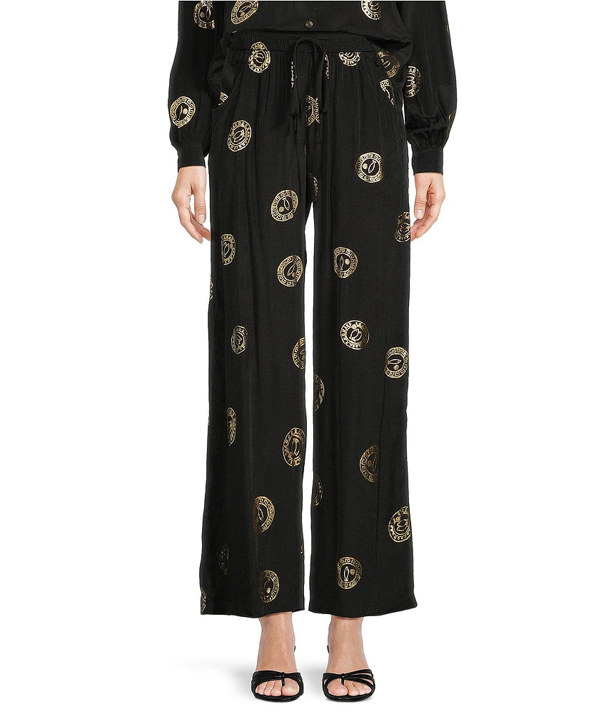 Never Fully Dressed Elissa Plate Foil Print Wide Leg Coordinating Pull-On Pants