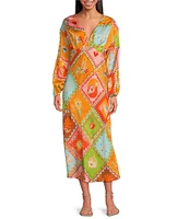 Never Fully Dressed Emma Soller Multicolored Print V-Neck Long Sleeve Midi Dress