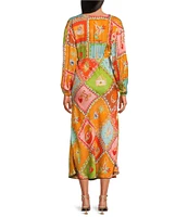 Never Fully Dressed Emma Soller Multicolored Print V-Neck Long Sleeve Midi Dress