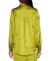 Never Fully Dressed Gabbie Lime Hearts Satin Point Collar Neck Long Sleeve Button Front Top