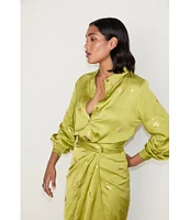 Never Fully Dressed Gabbie Lime Hearts Satin Point Collar Neck Long Sleeve Button Front Top