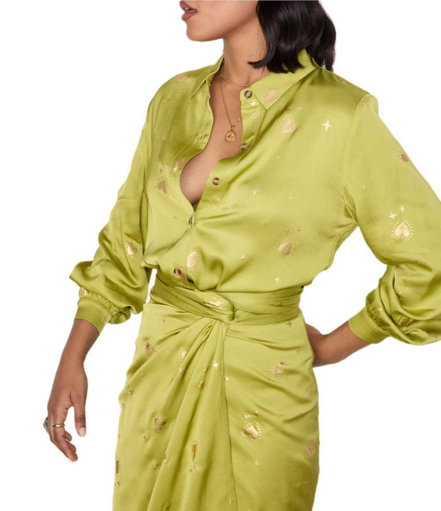 Never Fully Dressed Gabbie Lime Hearts Satin Point Collar Neck Long Sleeve Button Front Top