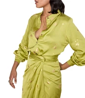 Never Fully Dressed Gabbie Lime Hearts Satin Point Collar Neck Long Sleeve Button Front Top